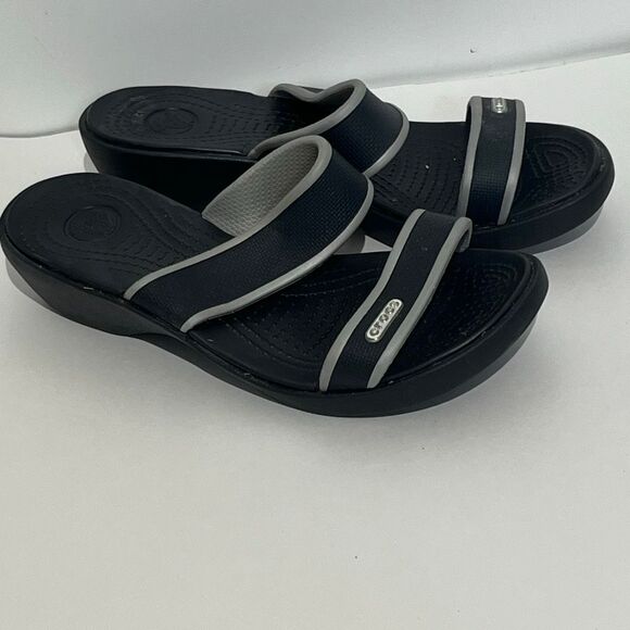 CROCS Shoes - Crocs Women's Black Gray Madeira Wedge Comfort Slip‎ On Slide Sandals Size 5